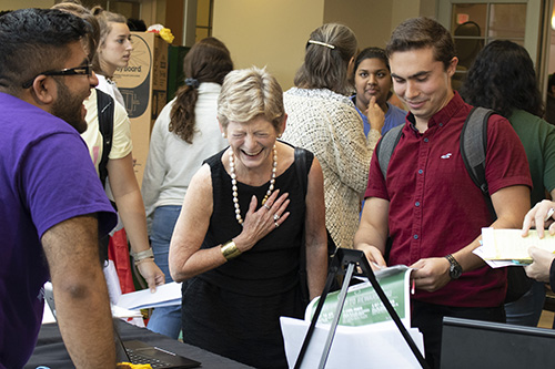 Nugent shares a laugh with students at the Registered Student Organization Fair on Aug. 29, 2019.
