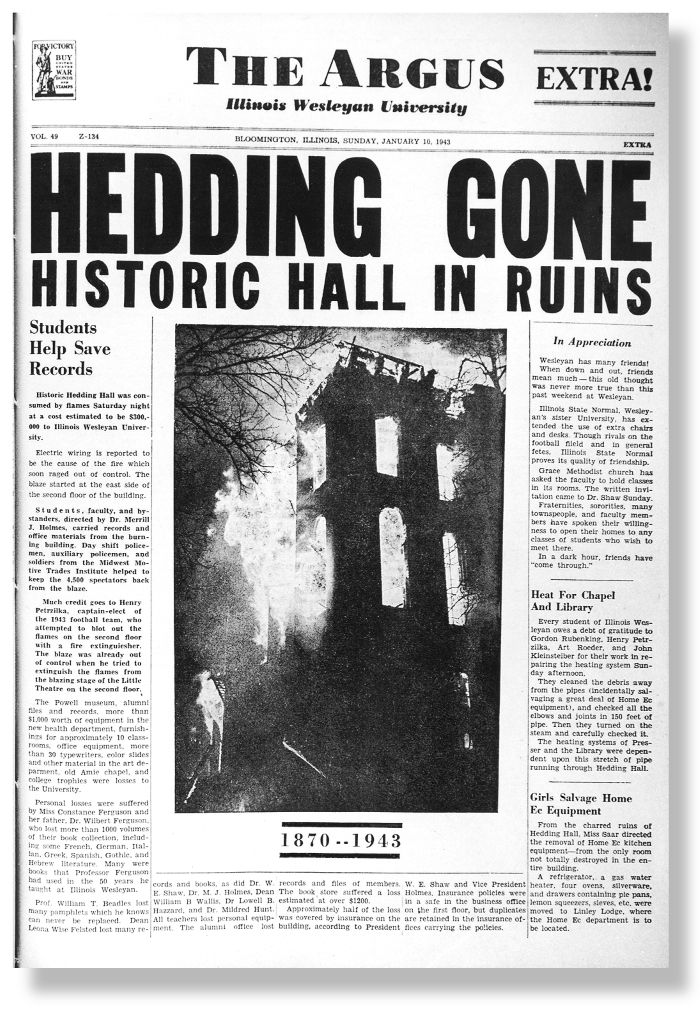 Front page of The Argus with news report of Hedding Hall fire