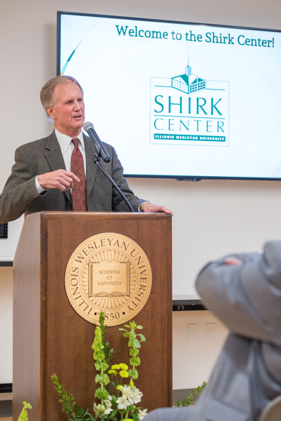 Jim Shirk delivers remarks at the dedication ceremony for an expansion to the Shirk Athletic Center in 2014. 