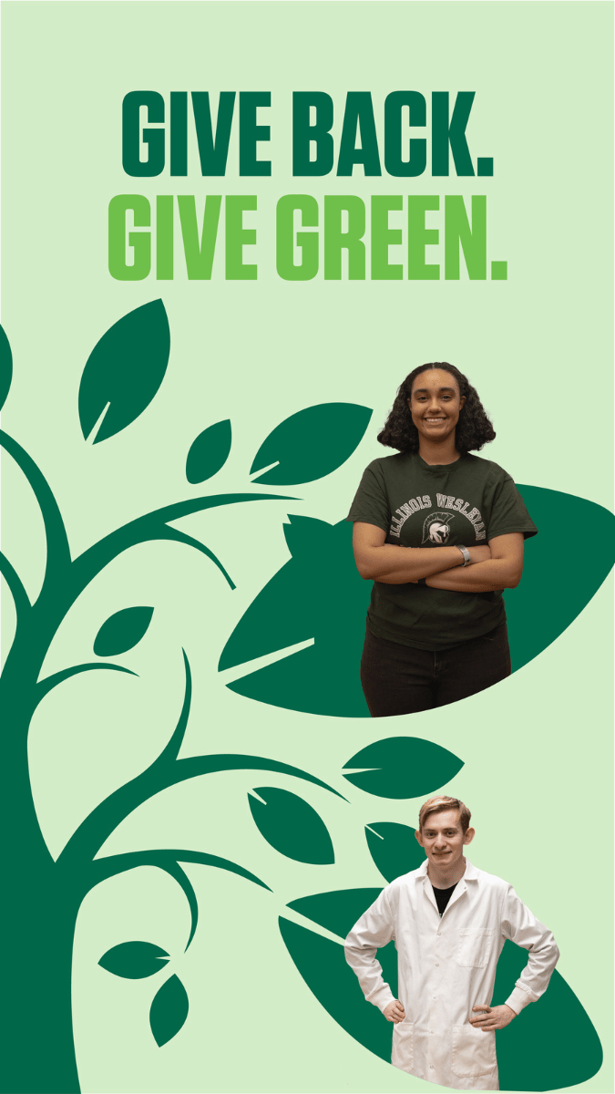All In for Wesleyan Give green, give back text with green vines framing two IWU students
