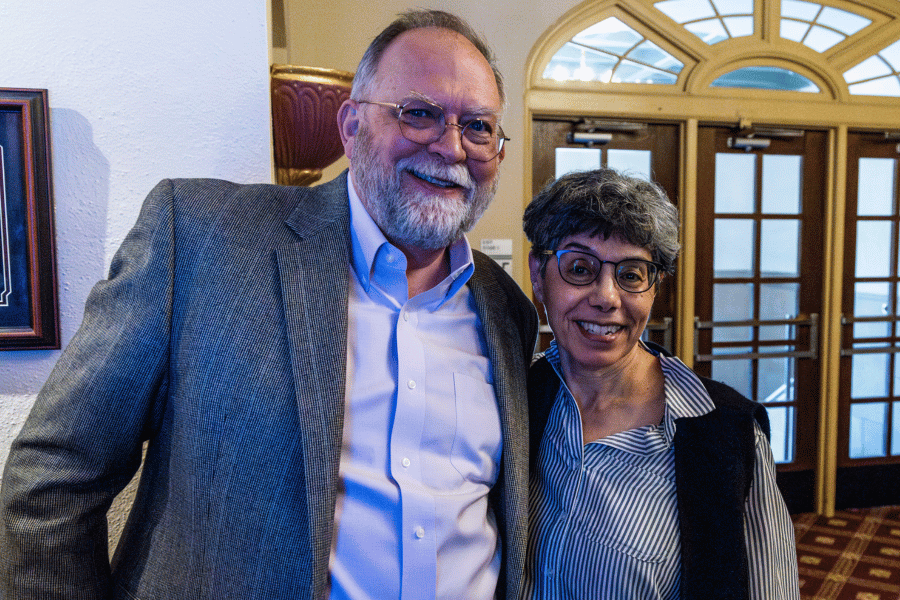 Kemp 3 Curtis Trout and Zahia Drici pose in the lobby of Presser Hall