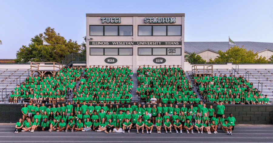 students from the class of 2029 sitting in tucci stadium at iwu