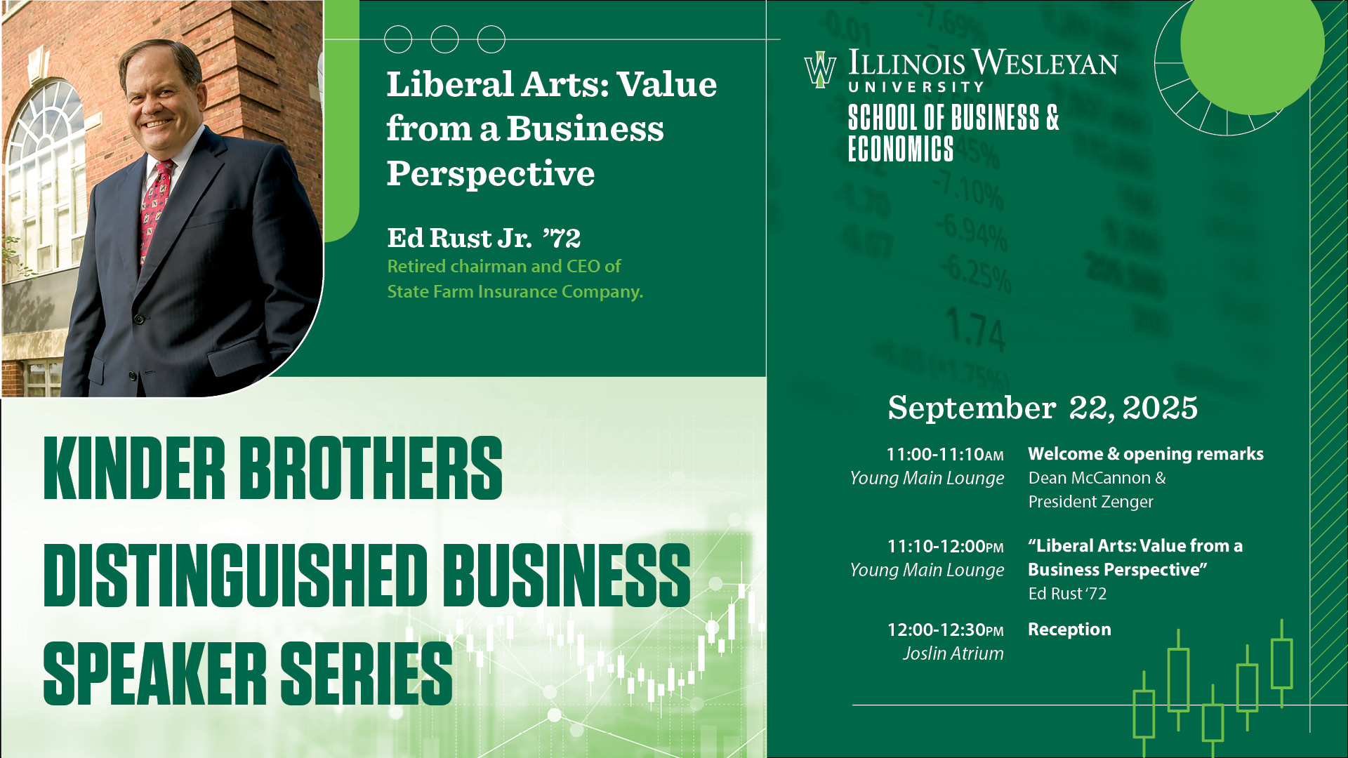 Ed Rust with event details: The event will be held Monday, Sept. 22 at 11 a.m. in the Young Main Lounge, Memorial Center, followed by a reception in the Joslin Atrium at noon.