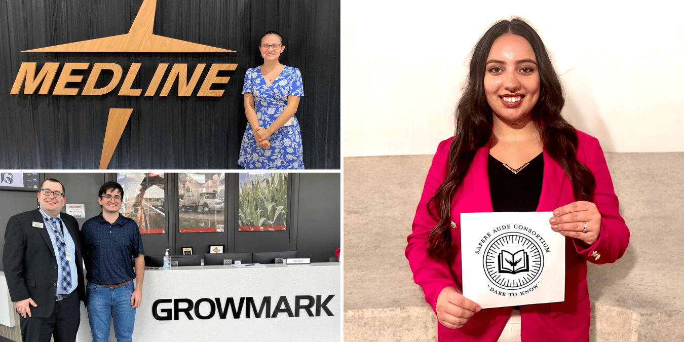 students posing with employer signs at their summer internships