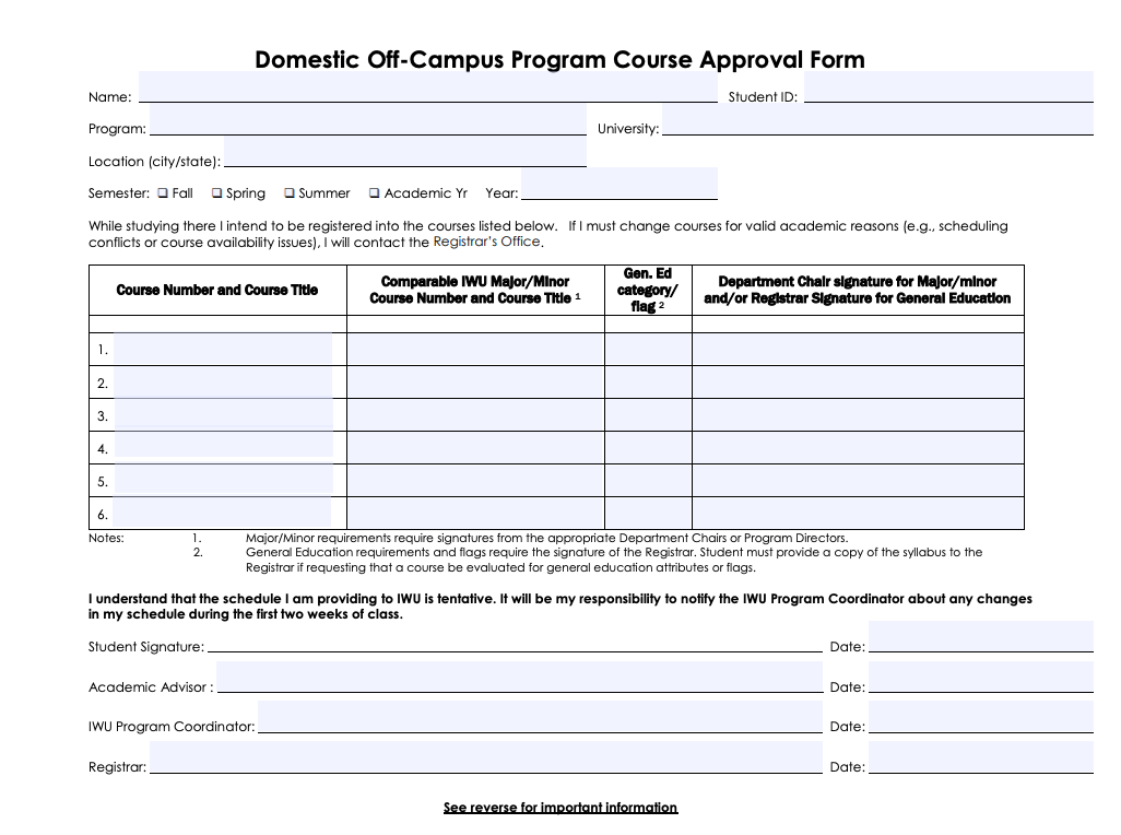 Domestic Off-Campus Program Course Approval Form